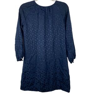 J Crew Navy Blue Silk Shift Dress Long Sleeve Tonal Paisley